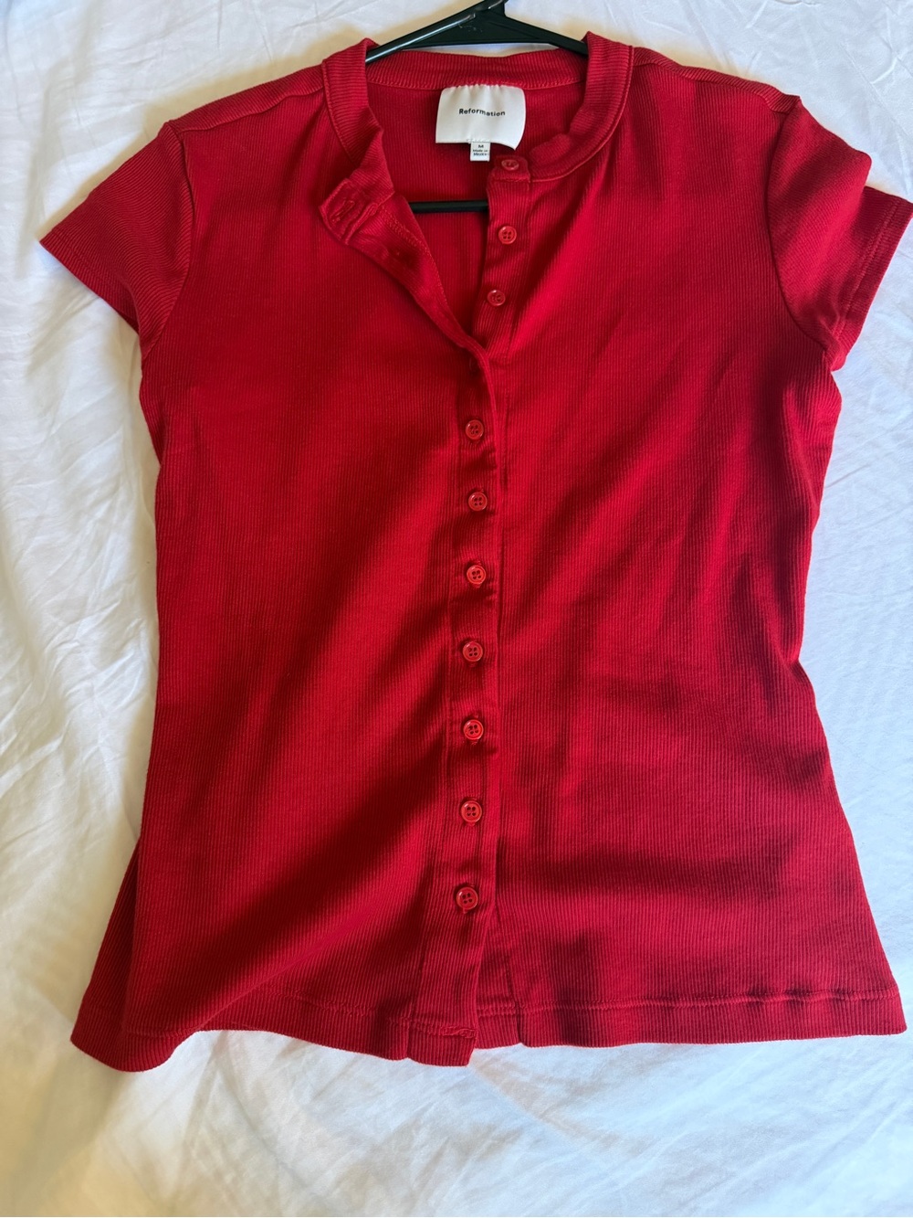 Reformation Red Short-Sleeve Button-Front Ribbed Top